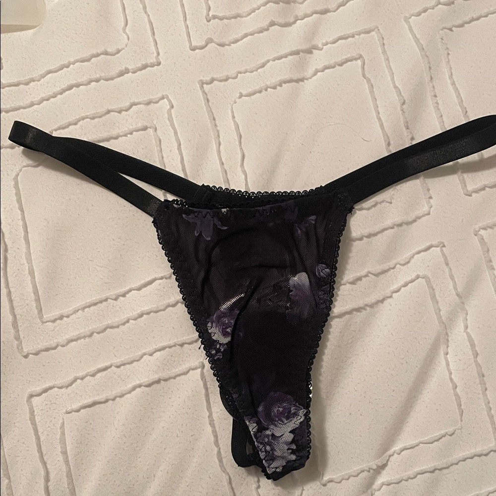 Black with Purple flowers Women's Lace Thong